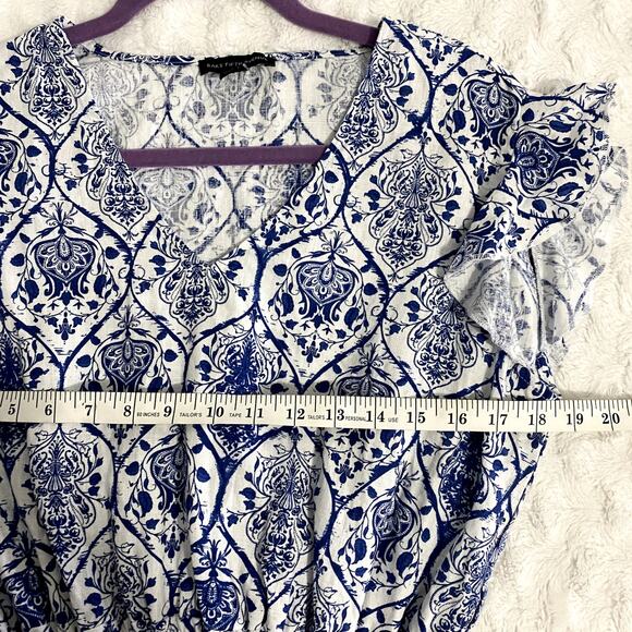 Saks Fifth Avenue Blue Printed Linen Smocked A-line Summer Mini Dress M - Picture 6 of 7